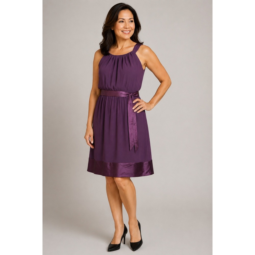 After Six Dress Satin Trim Aubergine Purple Women 14 Formal Evening Cocktail